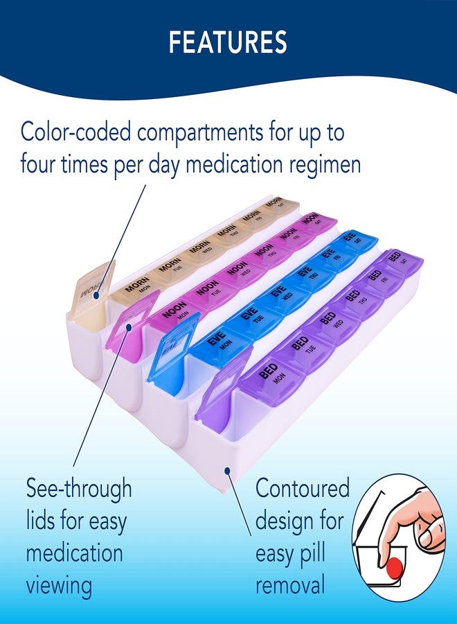 أبيكس منظم حبوب الأدوية "أبيكس ميديبلانر" لمدة 7 أيام، منظم حبوب أسبوعي، 4 مرات في اليوم، مُرمز بالألوان، سهل الفتح، أغطية شفافة، يُنظم الأدوية أو الفيتامينات حسب الصباح والمساء والليل ووقت النوم - Image 2